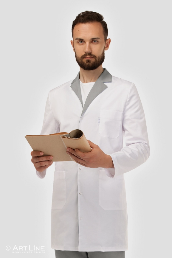 Халат медицинский мужской, длинный рукав, цвет белый/серый, арт 4-455о фото 1